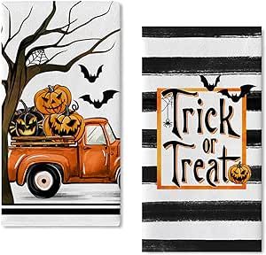 Seliem Halloween Trick or Treat Kitchen Dish Towels Set of 2, Jack O Lantern Pumpkin Truck Hand Towels Stripes Drying Baking Cooking Cloth, Spooky Bat Holiday Funny Home Kitchen Decor 18x26 Inch