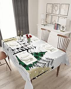Christmas Tree Tablecloths for Rectangle 60 x 140-inch Table Cover, Cotton Linen Fabric Table Cloth for Dining Room Kitchen, Merry Christmas Grey Xmas Tree Winter Snowflake