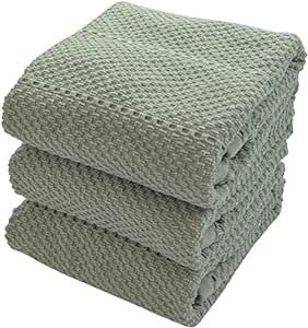 Sage Green Kitchen Dish Towels: 100% Cotton Cloth Soft Cleaning Drying Absorbent Textured Terry Loop, Set of 3 Multipurpose for Everyday Use