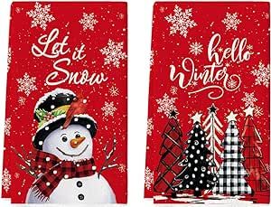 Artoid Mode Red Snowman Let It Snow Xmas Trees Hello Winter Kitchen Towels Dish Towels, 18x26 Inch Daily Seasonal Christmas Decoration Hand Towels Set of 2