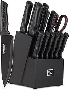 knife set, 15 Pcs Black knife sets for kitchen with block Self Sharpening, Dishwasher Safe, 6 Steak Knives, Anti-slip handle