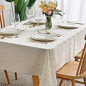 maxmill Jacquard Table Cloth Damask Pattern Spillproof Wrinkle Resistant Heavy Weight Soft Tablecloth for Kitchen Dinning Tabletop Outdoor Picnic Rectangle 52 x 70 Inch Beige with White