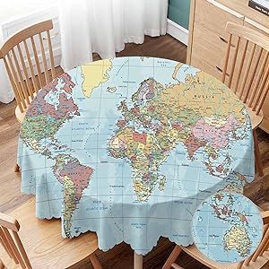 Yibeas Table Cloth Political World Map Round Tablecloth 60 inch Vintage Accurate Global Blue Travel Map Tablecloths for Round Tables Small Round Tablecloth Table Cover for Outdoor