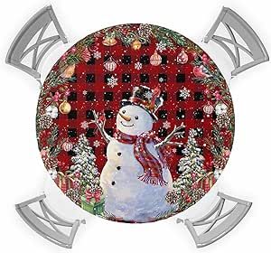 Red Christmas Snowman Table Cloth, Winter Snowflake Red Bird Round Fitted Tablecloths with Elastic Edge, Pinecone Floral Wreath Buffalo Plaid Wipeable Waterproof Table Cover for Kitchen 36-44 Inches