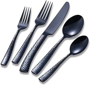 Flatasy Silverware Set Black Hammered Pattern Flatware Cutlery Stainless Steel Utensil 20 Pieces Spoons Forks and Knives Service for 4