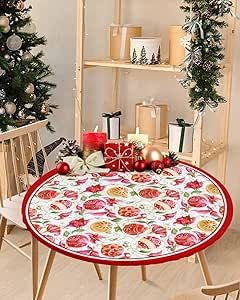Christmas Light Round Fitted Tablecloth for Round Table,Xmas Red Floral Waterproof Table Cloth Table Cover with Elastic Edge,Vintage Green Leaves Circle Table Cover for Kitchen Indoor Outdoor 36-44in