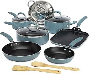 Goodful Cookware Set with Premium Non-Stick Coating, Dishwasher Safe Pots and Pans, Tempered Glass Steam Vented Lids, Stainless Steel Steamer, and Bamboo Cooking Utensils Set, 12-Piece, Turquoise
