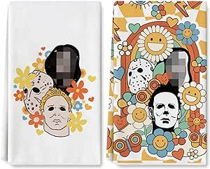 AnyDesign Halloween Kitchen Dish Towel 18 x 28 Inch Boho Groovy Floral Dishcloth Horror Movie Theme Decorative Hand Drying Tea Towel for Halloween Kitchen Cooking Baking Bathroom, 2Pcs