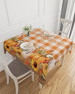 Hello Pumpkins Tablecloths for Square 53 x 53-inch Table Cover, Cotton Linen Fabric Table Cloth for Dining Room Kitchen, Thanksgiving Fall Maple Leaf Orange Plaid