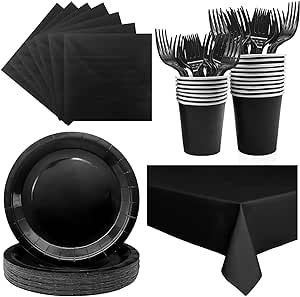 WYQJHKV Severs 25 Guests Black Paper Plates 9 Inch,Bulk Black Paper Plates Cups Napkins and Tablecloth,Disposable Cake Plates Paper Plate Black for Birthday Wedding Party