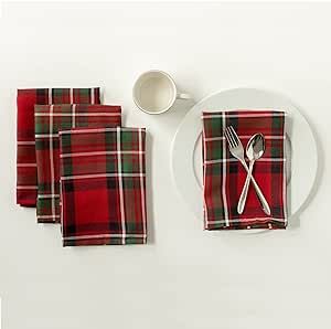 Benson Mills Holiday Plaid Yarn Dyed Fabric Cloth Napkin for Christmas, Winter, and Holiday Tablecloths (18" X 18" Napkins Set of 4, Red)