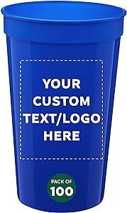 DISCOUNT PROMOS Custom Large Plastic Stadium Cups 22 oz. Set of 100, Personalized Bulk Pack - Perfect for Birthdays, Picnic, Beach, Parties - Reflex Blue