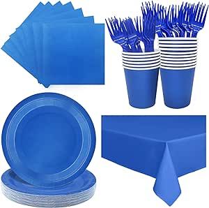 WYQJHKV Severs 25 Guests Blue Party Supplies Set Include 9-inch Blue Paper Plates Cups Blue Napkins and Tablecloth,Blue Disposable Dessert Plates for Wedding Birthday