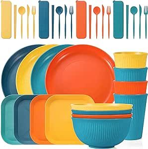 36PCS Wheat Straw Dinnerware Sets - Reusable Plates and Bowls Sets, Unbreakable Cups, Knives, Forks, Spoons & Chopstick, BPA free, Microwave, Dishwasher Safe Tableware Kitchen Outdoor Camping Gifts