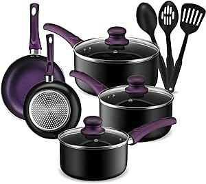 AHEIM Pots and Pans Set, Aluminum Nonstick Cookware Set, Fry Pans, Casserole with Lid, Sauce Pan, and Utensils, 11 Piece Cooking Set (Purple)