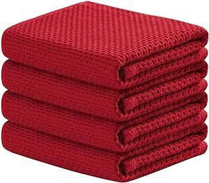 joybest Cotton Kitchen Towels, 4-Pack Waffle Weave Ultra Soft Absorbent Dish Towels Quick Drying Kitchen Dish Cloths, 18 in x 28 in, Red