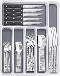 Hammered Silverware Set with Organizer, 49 Piece Stainless Steel Flatware Set for 8, Eating Utensil Sets with Steak knives, Cutlery Tableware Service Include Fork Knife Spoon Set, Mirror Polished