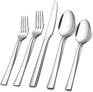 40-Piece Silverware Set, E-far Stainless Steel Flatware Set Service for 8, Modern Tableware Cutlery Set for Home and Restaurant, Square Edge & Mirror Finish, Dishwasher Safe