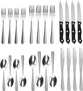 Silverware Set, QOUTIQUE 24 Piece Stainless Steel Flatware, Service for 4 Cutlery Set Utensils, for Home Kitchen Restaurant, Include Knives Spoons Forks Steak Knives, Mirror Polished, Dishwasher Safe