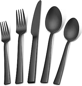 Herogo 20-Piece Matte Black Silverware Set for 4, Stainless Steel Square Flatware Cutlery Set, Tableware Eating Utensils Set Include Knife Spoon Fork, Satin Finish, Dishwasher Safe
