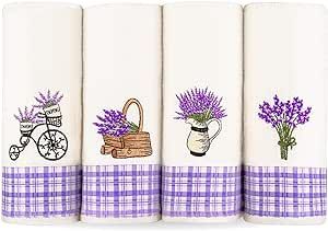 Lavien Home, Dish Towels for Kitchen Lavender Embroidered Absorbent and Soft Turkish Cotton Waffle Weave (Set of 4), Boho Farmhouse Decor with Plaid 16 x 23 inches