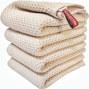 ANEWAY Kitchen Towels 100% Cotton Waffle Weave Dish Towel for Cleaning Drying Dishes Extra Absorbent and Soft, Dish Cloth,13 x 28 in(Beige-4 Pack)
