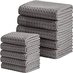 Vnoss Waffle Weave Microfiber Kitchen Towels and Dishcloths Set, 26 X 18 Inch and 12 X 12 Inch, Set of 10 Gray Lint Free Dish Towels for Drying Dishes