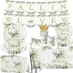 Fall in Love Bridal Shower Decorations Fall Bridal Shower Tableware Including 142pcs White Pumpkin Greenery Bridal Shower Plates Napkins Tablecloth for Bridal Shower Engagement Fall Wedding Decorations