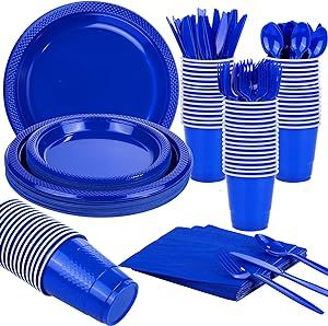 TWOWYHI 350pcs Blue Plastic Party Supplies for 50 Guests Blue Tableware Set of 50 Plastic Blue 9" Dinner Plates Blue 7 "Dessert Plates 50 Plastic 12OZ Cups Forks Spoons Knives Napkin for Party