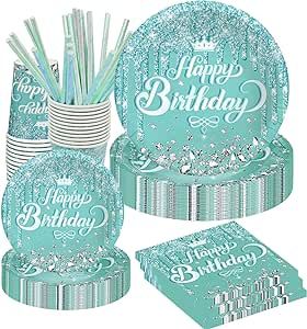 VYTSYD 120Pcs Teal and Silver Birthday Party Supplies Happy Birthday Tableware Sets - Disposable Paper Plates Set Including Silver Glitter Party Plates Napkins Cups Straws for 24 Guests Girls Women