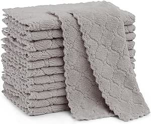 Homaxy 12 Pack Kitchen Dish Cloths(10 x 10 Inches, Grey), Super Soft and Absorbent Coral Velvet Dish Towels, Nonstick Oil Fast Drying Kitchen Cleaning Cloths, Lint Free Household Dishcloths