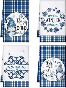Patelai 4 Pack Christmas Kitchen Towels Buffalo Plaid Dish Towels Winter Hand Towels Farmhouse Tea Towels Housewarming Gifts Christmas Decorations for Kitchen Holiday Xmas(Blue, Snowflake)