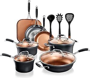 NutriChef Stackable Pots and Pans Set – 14-pcs Luxurious Cookware Set – Sauce Pans Set with Lids– Healthy Food-Grade Copper Non-Stick Ceramic Coating - PTFE, PFOA, and PFOS Free