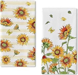 Seliem Fall Sunflower Kitchen Dish Towels Set of 2, Autumn Floral Flower Farmhouse Hand Towels Stripes Drying Baking Cooking Cloth, Butterfly Summer Seasonal Thanksgiving Home Kitchen Decor 18x26 Inch
