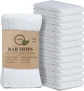 Softolle Kitchen Towels, Pack of 12 Bar Mop Towels -16x19 Inches -100% Cotton White Super Absorbent Towels, Multi-Purpose for Home and Bar Cleaning (White)