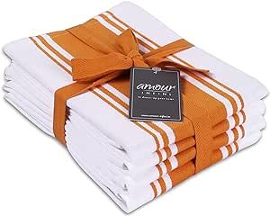 AMOUR INFINI Classic Stripe Kitchen Dish Towels | 4 Pack | 28 x 20 Inch, Over Sized | Multi-use Kitchen Towels |100% Ring Spun Premium Cotton | Highly Absorbent Tea Towels | Orange