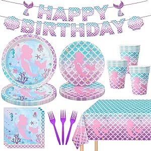 122Pcs Mermaid Birthday Party Supplies Mermaid Party Decorations Tableware Set Includes Plates, Napkins, Forks, Cups, Tablecloth, Banner for Girls Baby Shower Ocean Party Supplies, Serves 24 Guests