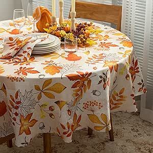 YiHomer Printed Fall Tablecloth, Thanksgiving Autumn Leaves Collection - Wrinkle Free Table Cloth for Kitchen Dining Tabletop Decoration Parties Weddings, 60 Inch Round