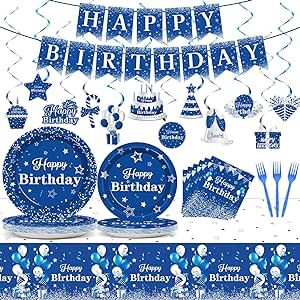 Navy Blue and Silver Birthday Party Decoration Navy Blue Happy Birthday Tableware Set Confetti Starry Banner Plates Tablecloth Blue Party Napkins Forks Hanging Swirls Navy Blue Party Supplies