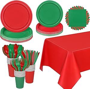 Ruisita 193 Pieces Red and Green Dinnerware Set Solid Tableware Set Including Disposable Paper Plates, Cups, Napkins, Cutlery, Table Cover for Party Supplies