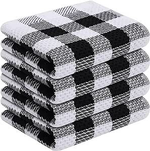 homing 100% Cotton Buffalo Plaid Kitchen Towels, 4 Pack Waffle Weave Dish Towels for Drying Dishes, Super Soft Absorbent Quick Dry Hand Towels for Kitchen (13" x 28", Black & White)