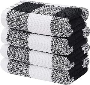 Homaxy 100% Cotton Waffle Weave Check Plaid Kitchen Towels, 13 x 28 Inches, Super Soft and Absorbent Dish Towels for Drying Dishes, 4-Pack, White & Black