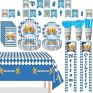 Bavarian Prost Oktoberfest Party Supplies Decorations, Oktoberfest Party Plates and Napkins Set, Disposable Blue and White Flag Check Tablecloth Banner Paper Plates Napkin Cup for Oktoberfest Festival