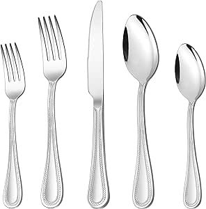 40-Piece Silverware Set, HaWare Stainless Steel Flatware Service for 8, Pearled Edge Tableware Cutlery Include Knife/Fork/Spoon, Beading Eating Utensil for Home, Mirror Polished, Dishwasher Safe