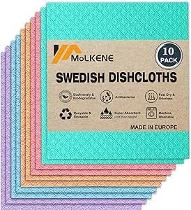MoLKENE Swedish Dish Cloths - 10 Pack Reusable Kitchen Dishcloths - Ultra Absorbent Dish Towels for Washing Dishes - Cellulose Sponge Cloth Cleaning Rag - Assorted