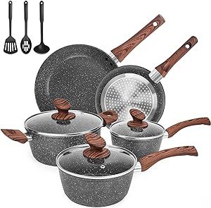 M MELENTA Granite Pots and Pans Set Ultra Nonstick, 11 Piece Die-Cast Cookware Sets with Frying Pan, Sauce Pan, Stockpot, Stay Cool Handle & Kitchen Utensils, Gas/Induction Compatible, 100% PFOA Free