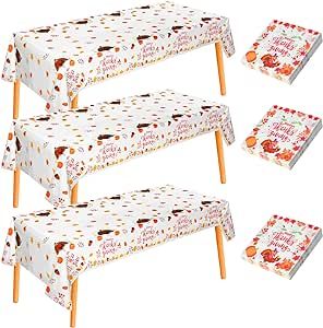 Sathyfe 3 Pcs Fall Thanksgiving Tablecloth Plastic Disposable Table Cover 54 x 108 Inch and 60 Pcs Thanksgiving Paper Napkins for Autumn Harvest Birthday Party Home Kitchen Table Decorations