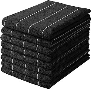 Microfiber Kitchen Towels - Super Absorbent, Soft and Thick Dish Hand Towels, 8 Pack (Stripe Designed Black Colors), 26 x 18 Inch