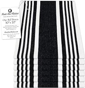 Aunti Em's Kitchen Designer Hand and Kitchen Dish Towels Woven from 100% Responsibly-Farmed, Thick, Luxurious Cotton, Oversized 20 x 30 inches, One Half Dozen, Black Stripe