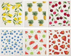 Mixed Fruit Swedish Kitchen Dishcloths Reusable Dish Towels Absorbent and Fast Dry Cleaning Cloths for Kitchen Blueberry Cherry Strawberry Lemon Pineapple Watermelon Cleaning Wipes (6 Pieces)